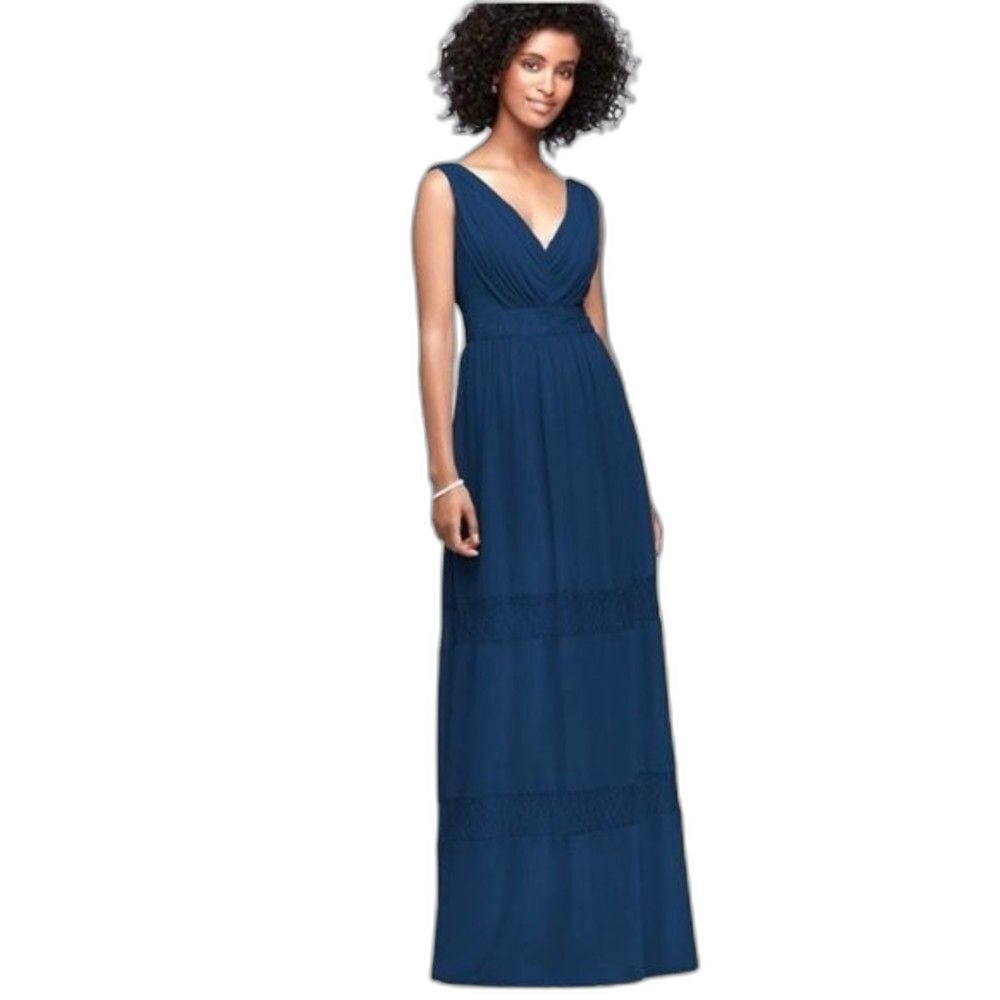 David's Bridal Blue V- Neck Long Lace Insert Chiffon Dress Size 4